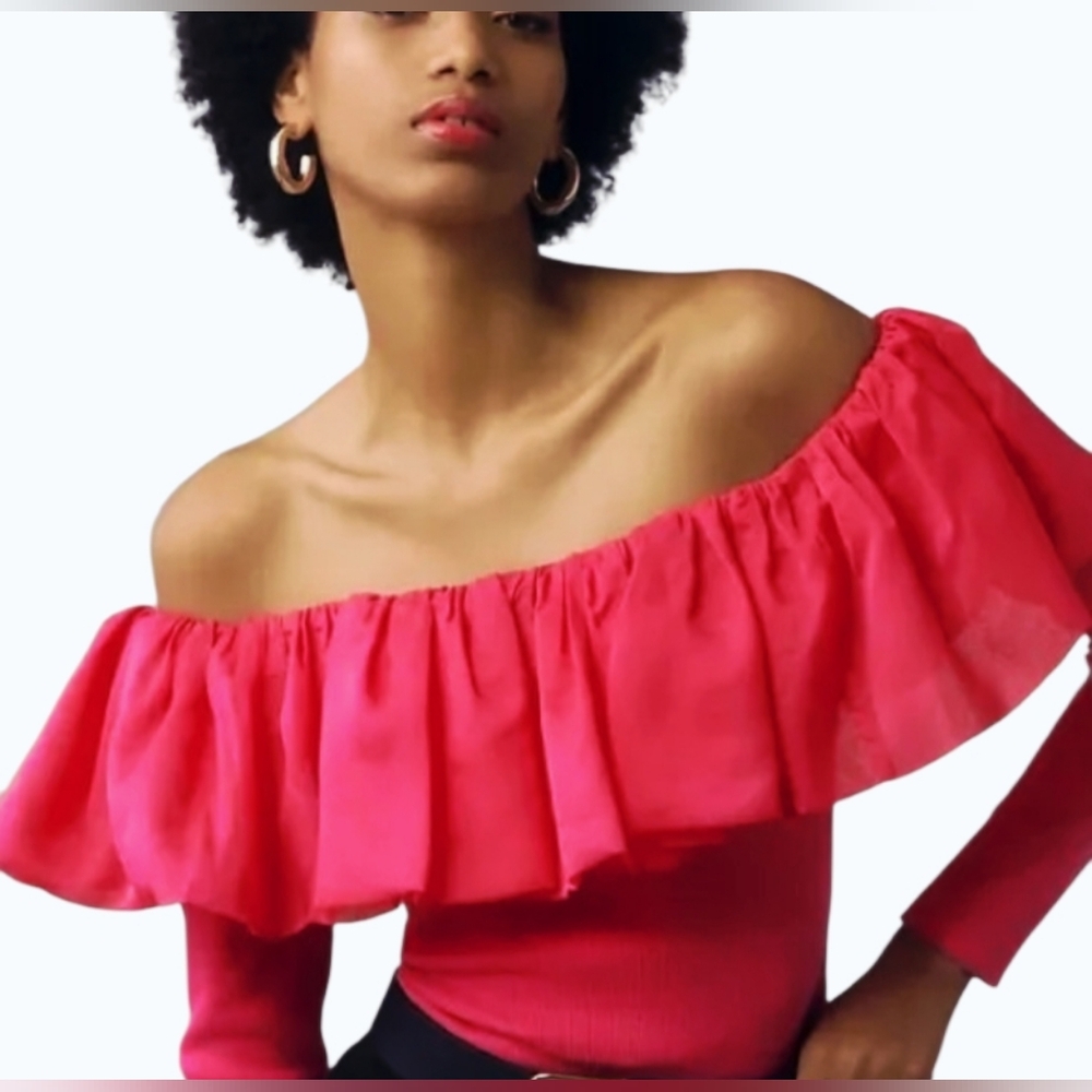 NWT Anthropologie Pink Off Shoulder Ruffle Top Waist Length Small